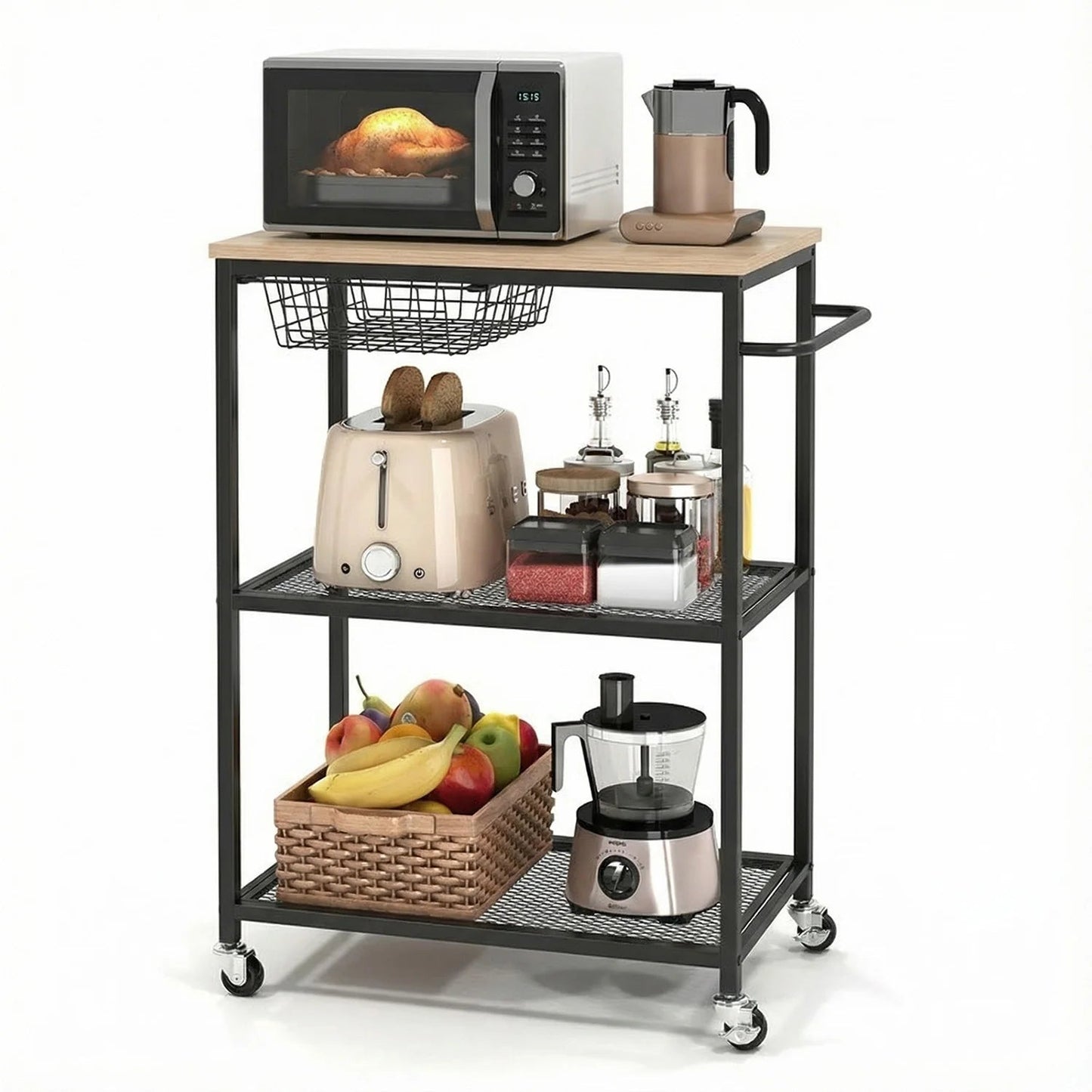 3 Tier Rolling Cart with 2 Lockable Microwave Kitchen Storage Cart - Dimensions