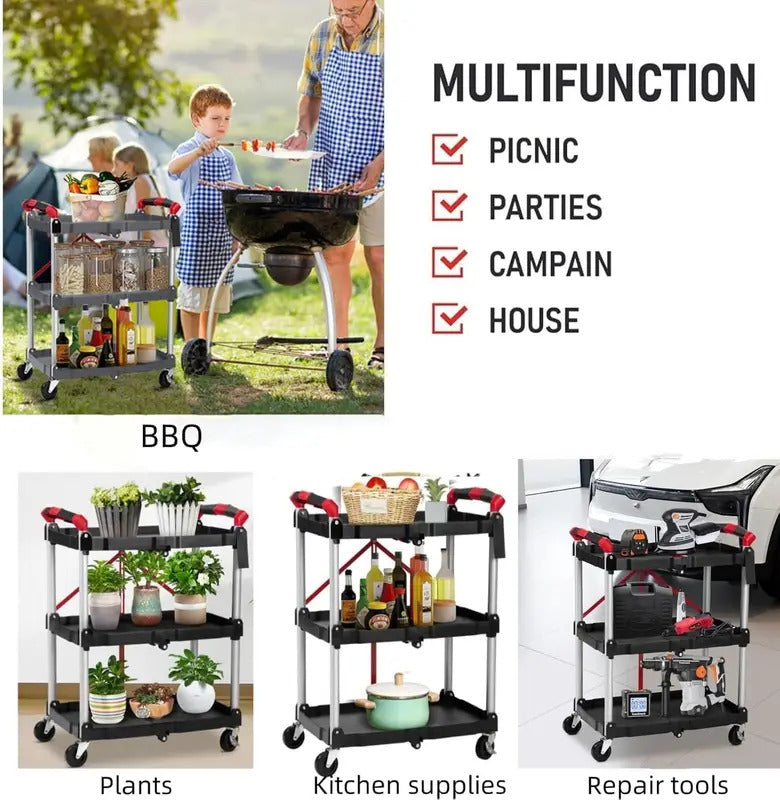 167Lbs Foldable Utility Service Cart 3 Tier Rolling  Kitchen Cart - Folded / Storage View