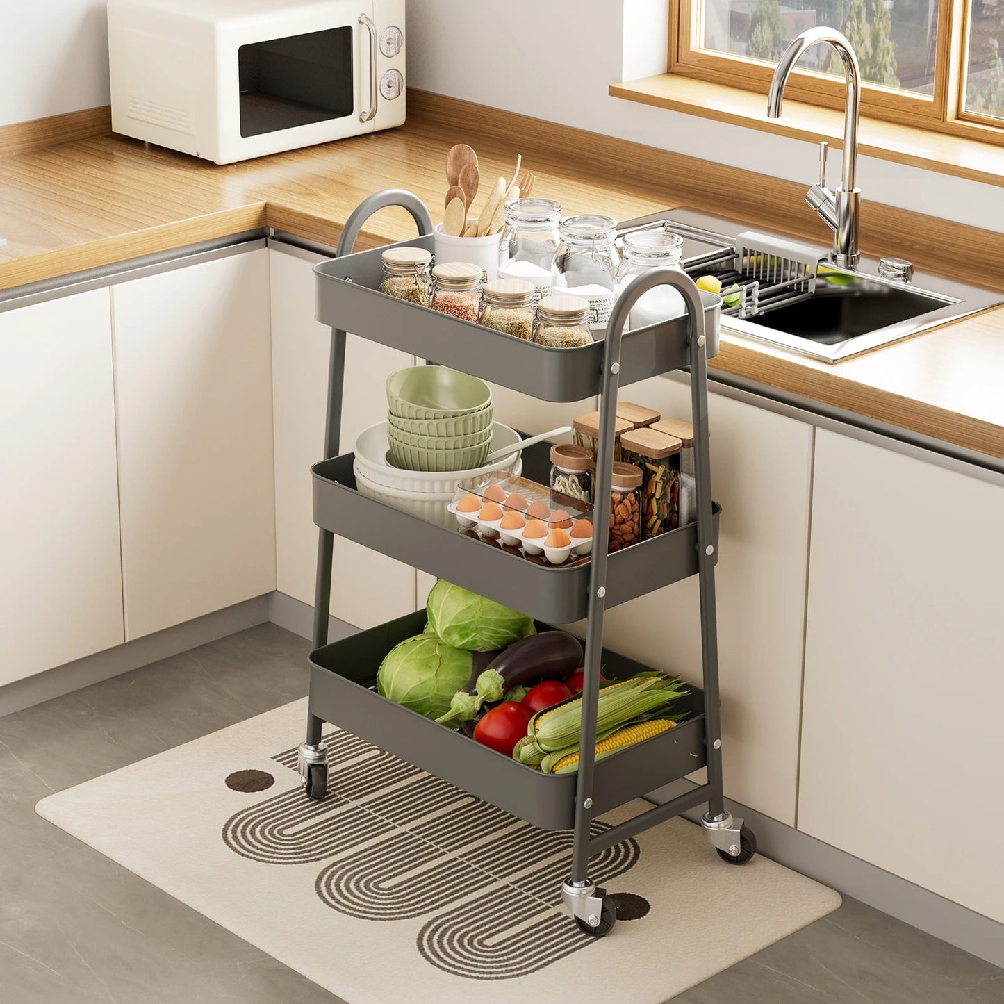3 Tier Metal Storage Kitchen Cart with Lockable Wheels - Additional View