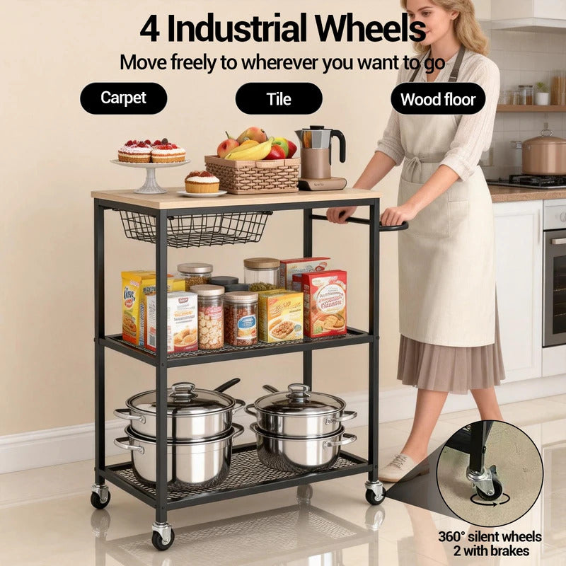 3 Tier Rolling Cart with 2 Lockable  Microwave Kitchen Storage Cart
