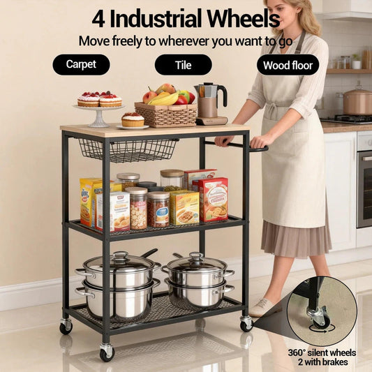 3 Tier Rolling Cart with 2 Lockable  Microwave Kitchen Storage Cart
