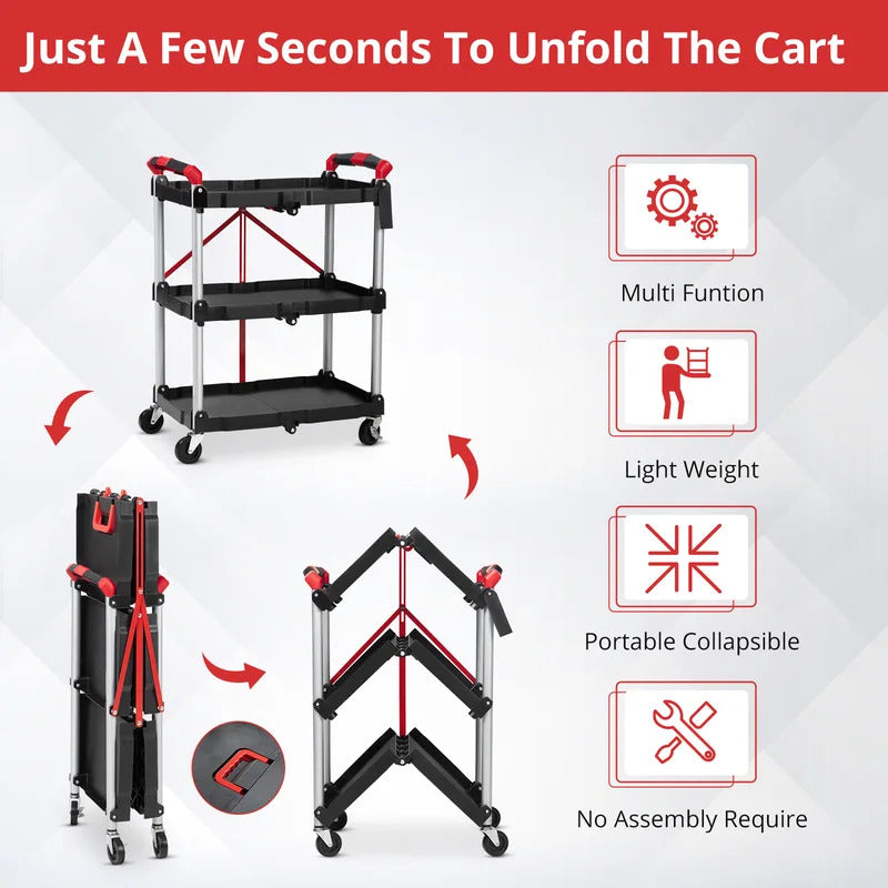 167Lbs Foldable Utility Service Cart 3 Tier Rolling  Kitchen Cart - Side View