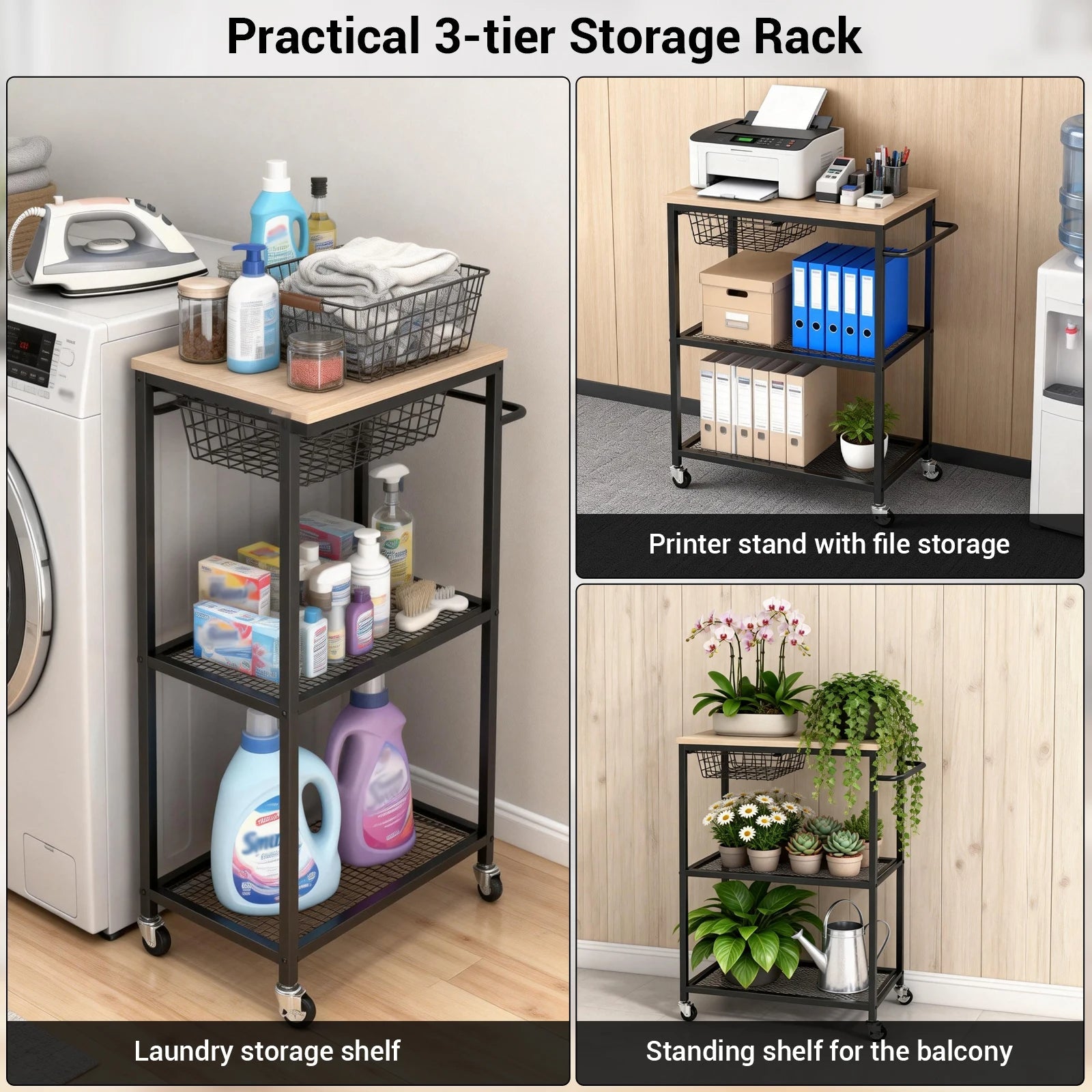 3 Tier Rolling Cart with 2 Lockable  Microwave Kitchen Storage Cart - Folded / Storage View
