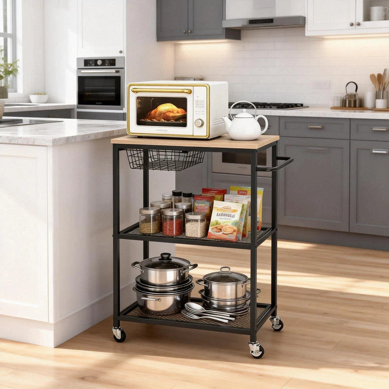 3 Tier Rolling Cart with 2 Lockable  Microwave Kitchen Storage Cart - Front View
