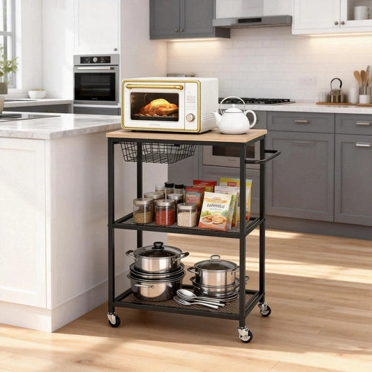 3 Tier Rolling Cart with 2 Lockable  Microwave Kitchen Storage Cart - Front View