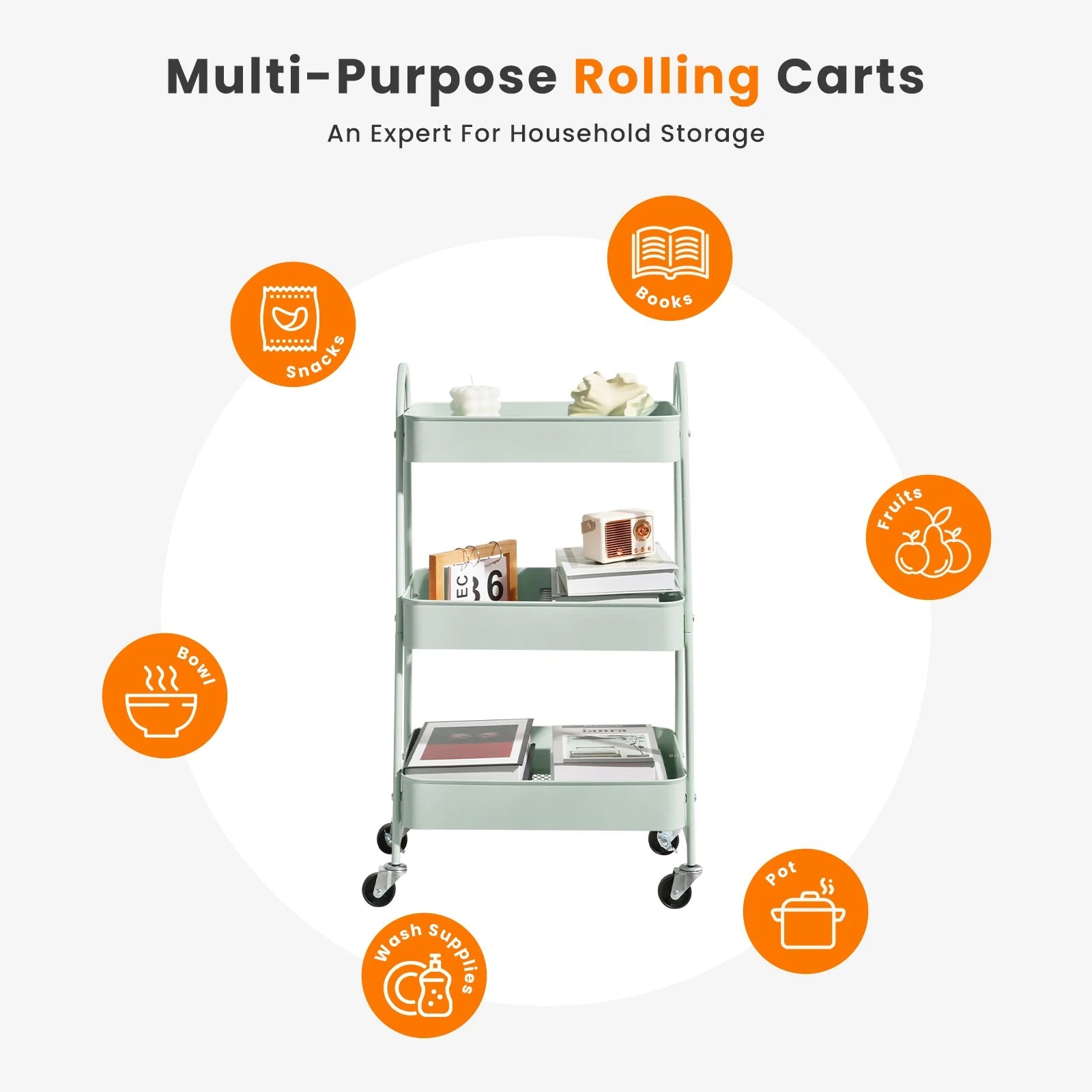 3 Tier Metal Storage Kitchen Cart with Lockable Wheels - Additional View