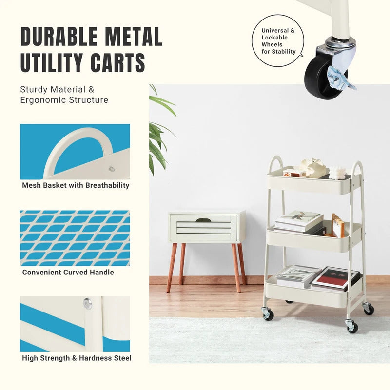 3 Tier Metal Storage Kitchen Cart with Lockable Wheels - Side View