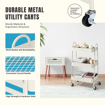 3 Tier Metal Storage Kitchen Cart with Lockable Wheels - Side View
