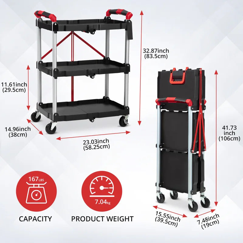 167Lbs Foldable Utility Service Cart 3 Tier Rolling  Kitchen Cart - Front View