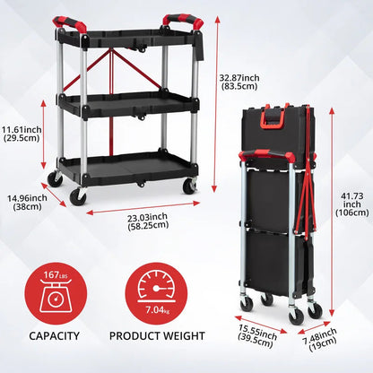 167Lbs Foldable Utility Service Cart 3 Tier Rolling  Kitchen Cart - Front View
