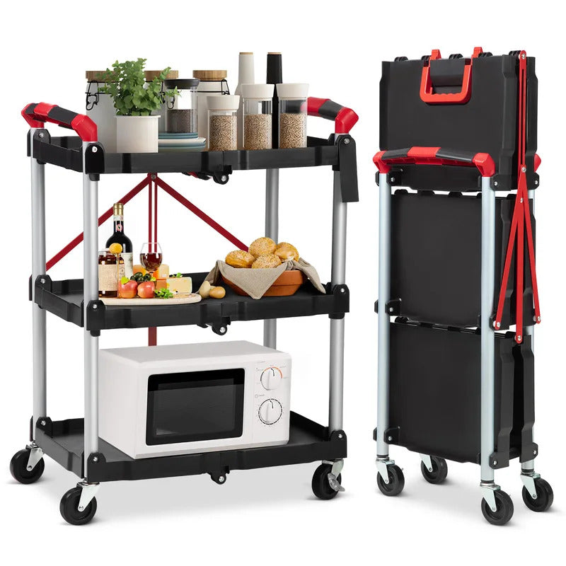 167Lbs Foldable Utility Service Cart 3 Tier Rolling  Kitchen Cart
