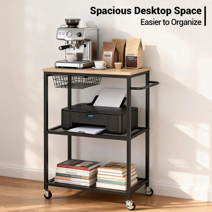 3 Tier Rolling Cart with 2 Lockable  Microwave Kitchen Storage Cart - In Use