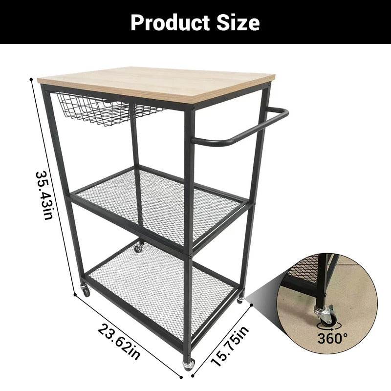 3 Tier Rolling Cart with 2 Lockable  Microwave Kitchen Storage Cart - Detail View