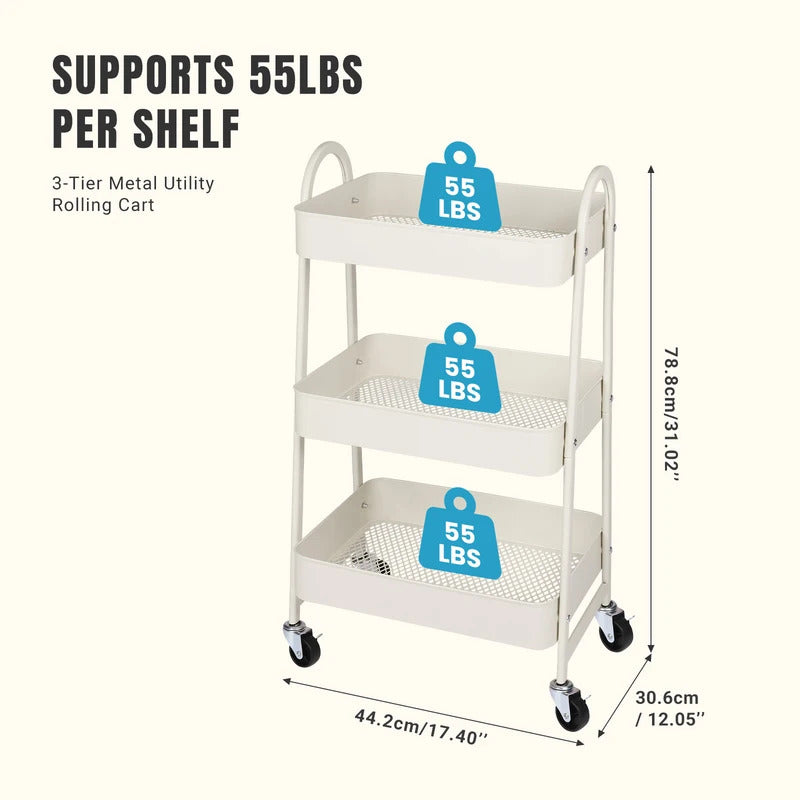 3 Tier Metal Storage Kitchen Cart with Lockable Wheels - Close-up Detail