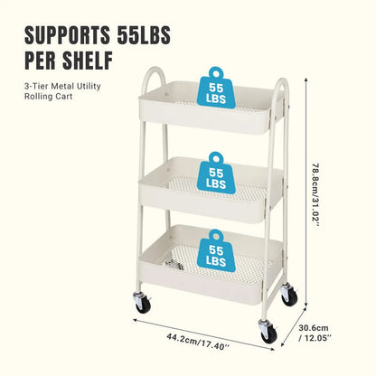 3 Tier Metal Storage Kitchen Cart with Lockable Wheels - Close-up Detail