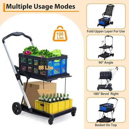 2-Tier Folding Shopping Cart with Removable Basket - Folded / Storage View