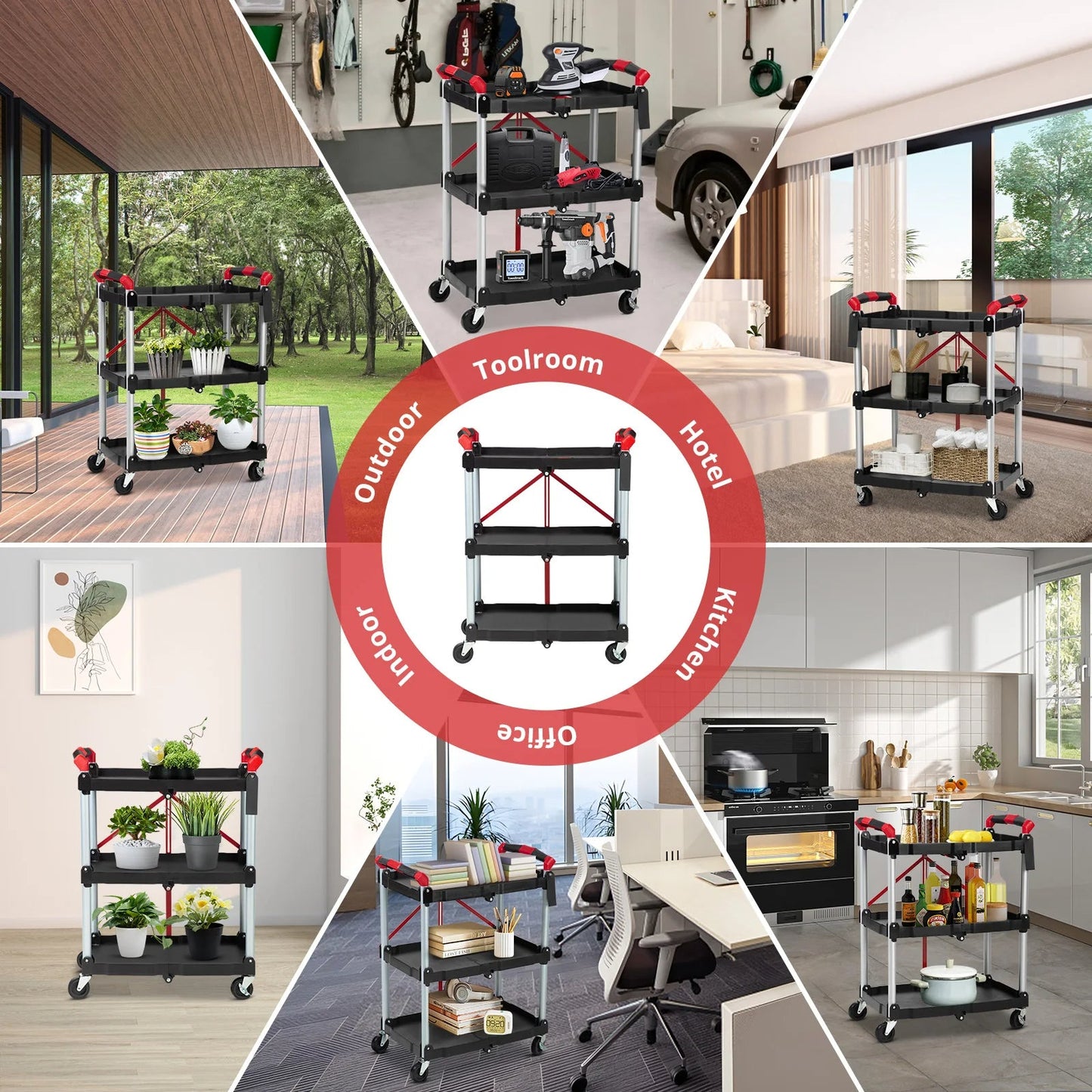 167Lbs Foldable Utility Service Cart 3 Tier Rolling  Kitchen Cart - Size Reference
