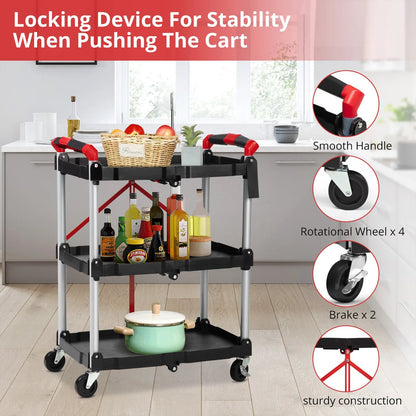 167Lbs Foldable Utility Service Cart 3 Tier Rolling  Kitchen Cart - Assembly View