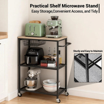 3 Tier Rolling Cart with 2 Lockable  Microwave Kitchen Storage Cart - Side View