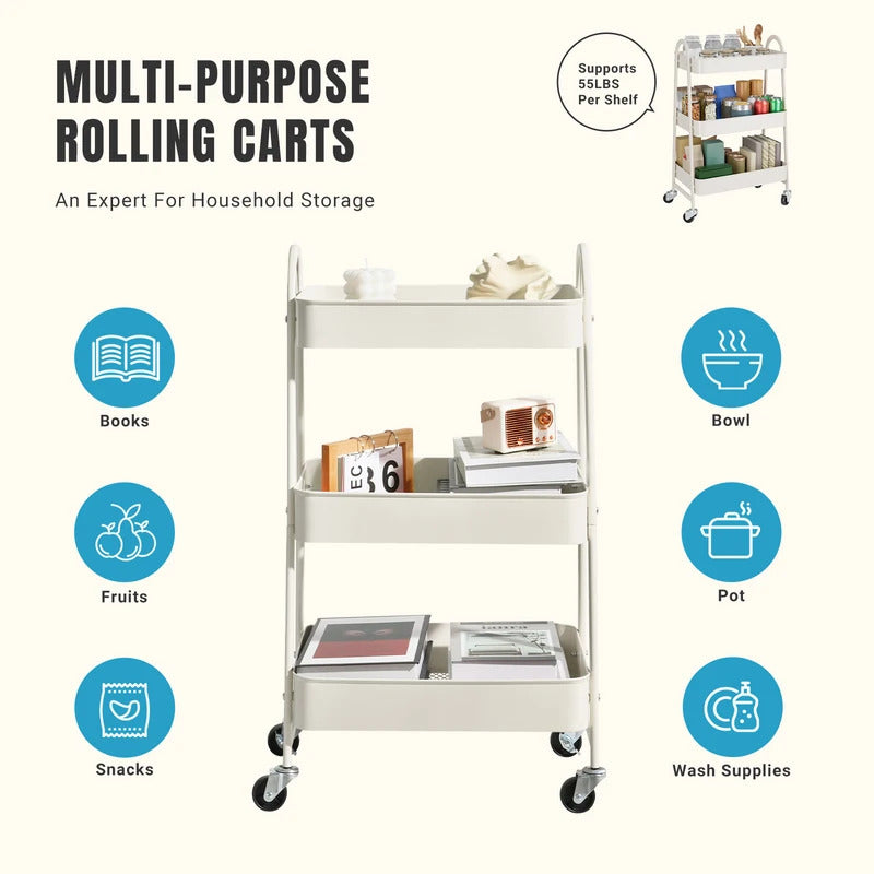 3 Tier Metal Storage Kitchen Cart with Lockable Wheels - Detail View