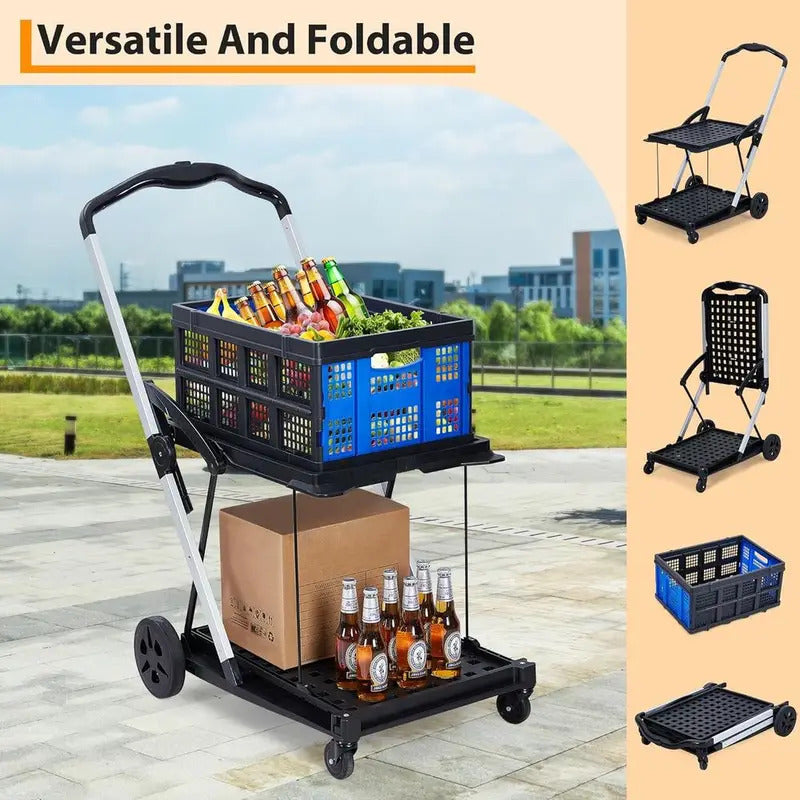 2-Tier Folding Shopping Cart with Removable Basket - In Use